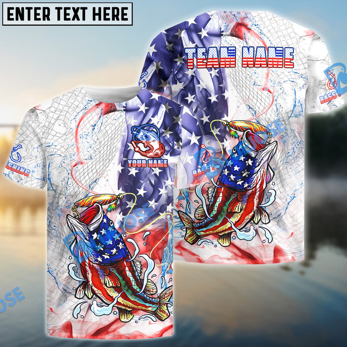 BlueJose Bass Fishing US Flag Pattern Design Name & Team Name 3D Shirts