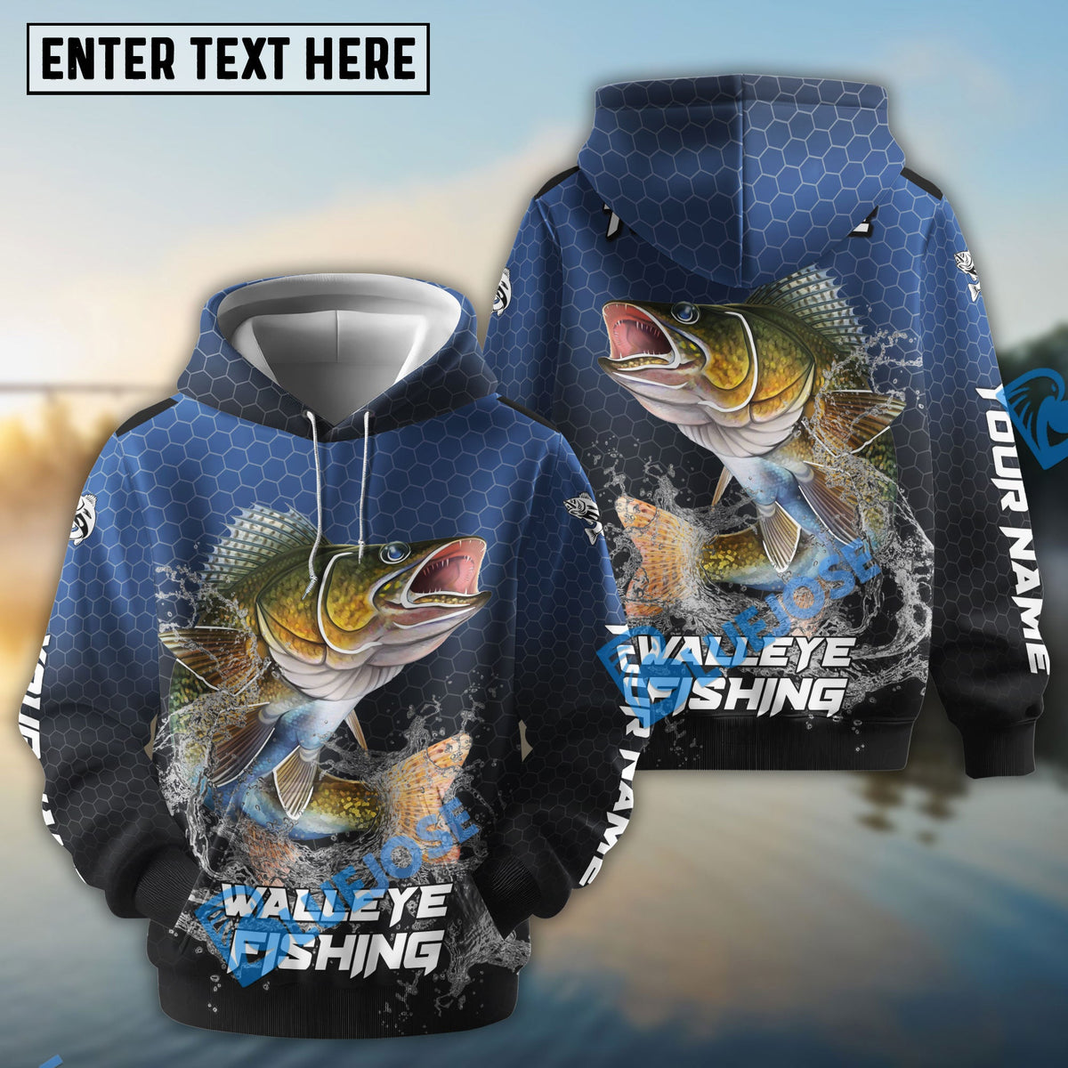 BlueJose Walleye Fishing Navy Hexagon Sport Custom Name & Team Name 3D Shirts