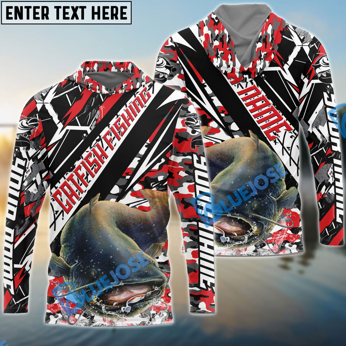 BlueJose Catfish Fishing Red Grunge Camo Custom Name & Team Name 3D Shirts