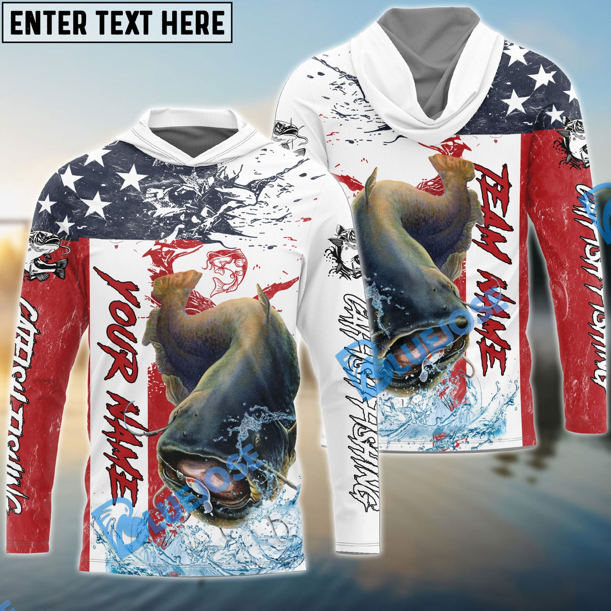 BlueJose Catfish Fishing American Flag Red Blue Seawave Custom Name & Team Name 3D Shirts