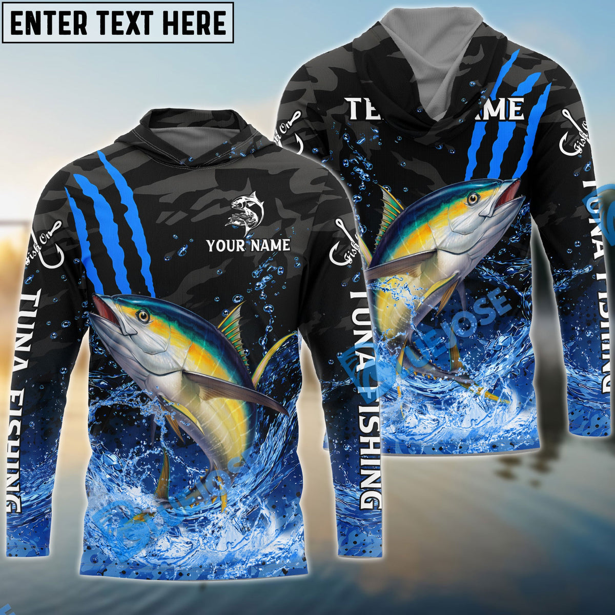 BlueJose Tuna Fishing Blue Scratch Camo Water Splash Custom Name & Team Name 3D Shirts
