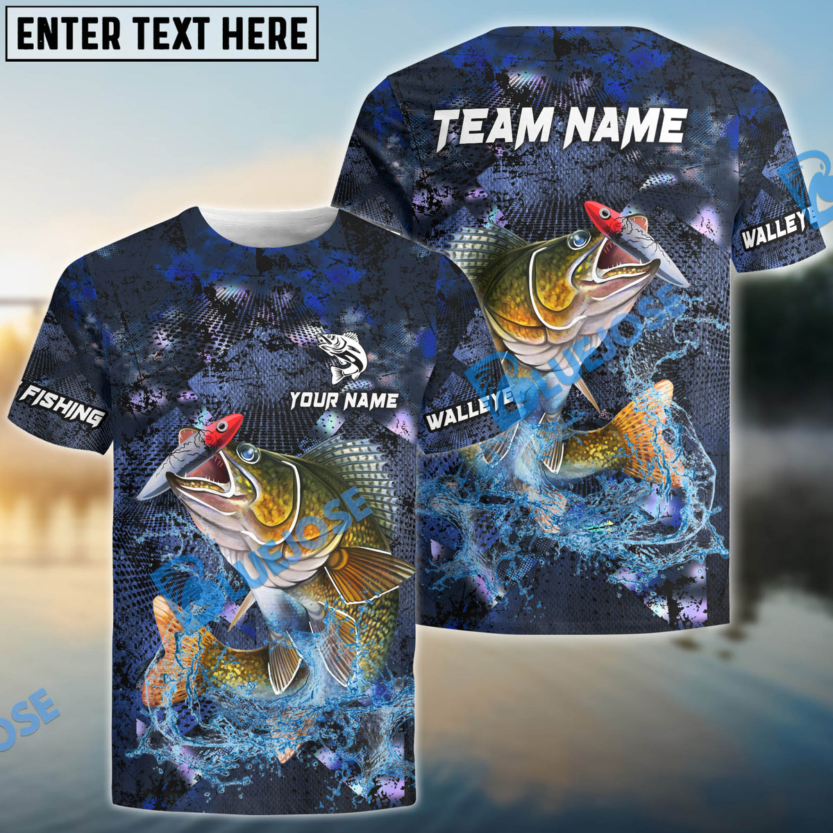 BlueJose Walleye Fishing Dark Blue Camouflage Custom Name & Team Name 3D Shirts