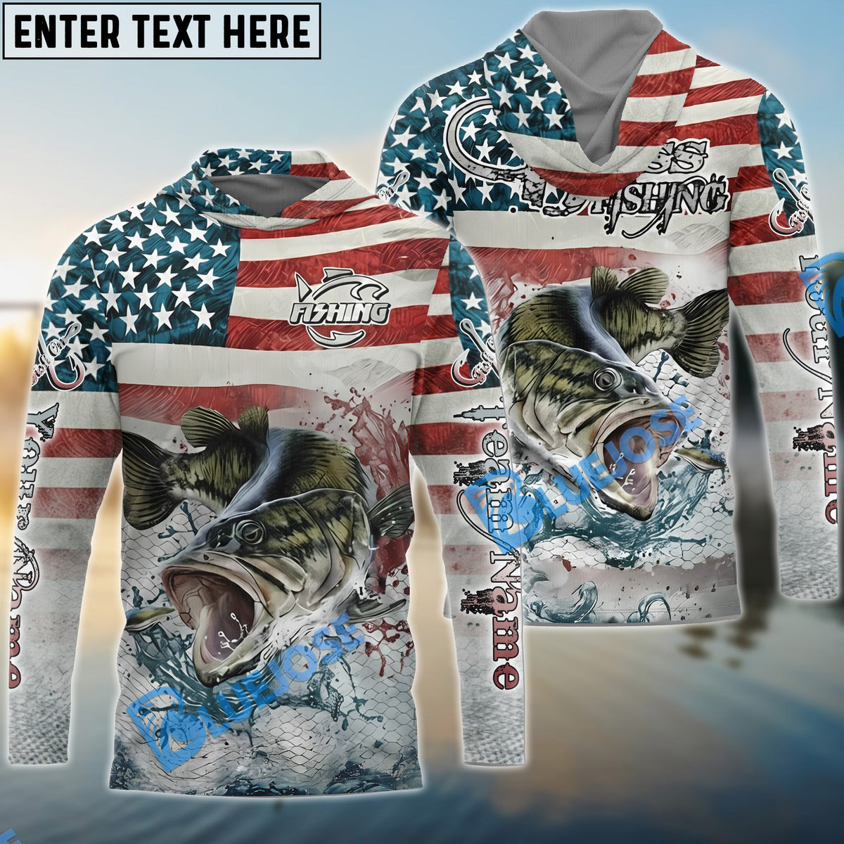 BlueJose Bass Fishing American Flag Splash Design Custom Name & Team Name 3D Shirts