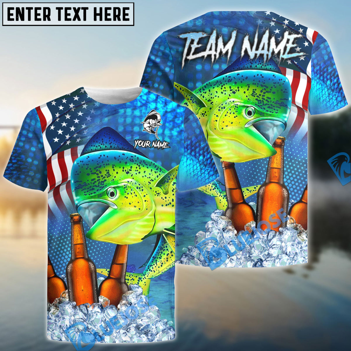 BlueJose Mahimahi Fishing Beer USA Flag Custom Name & Team Name Shirts