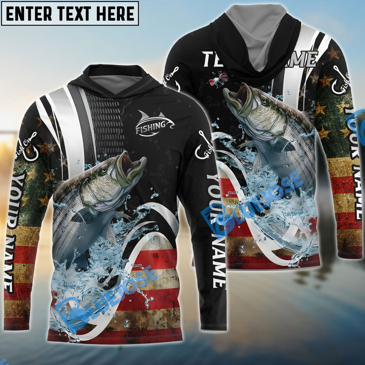 BlueJose Striped Bass Fishing American Flag Splash Art Custom Name & Team Name 3D Shirts