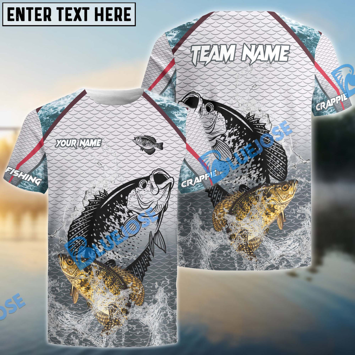 BlueJose Crappie Fishing White Fin Water Silhouette Sport Custom Name & Team Name 3D Shirts