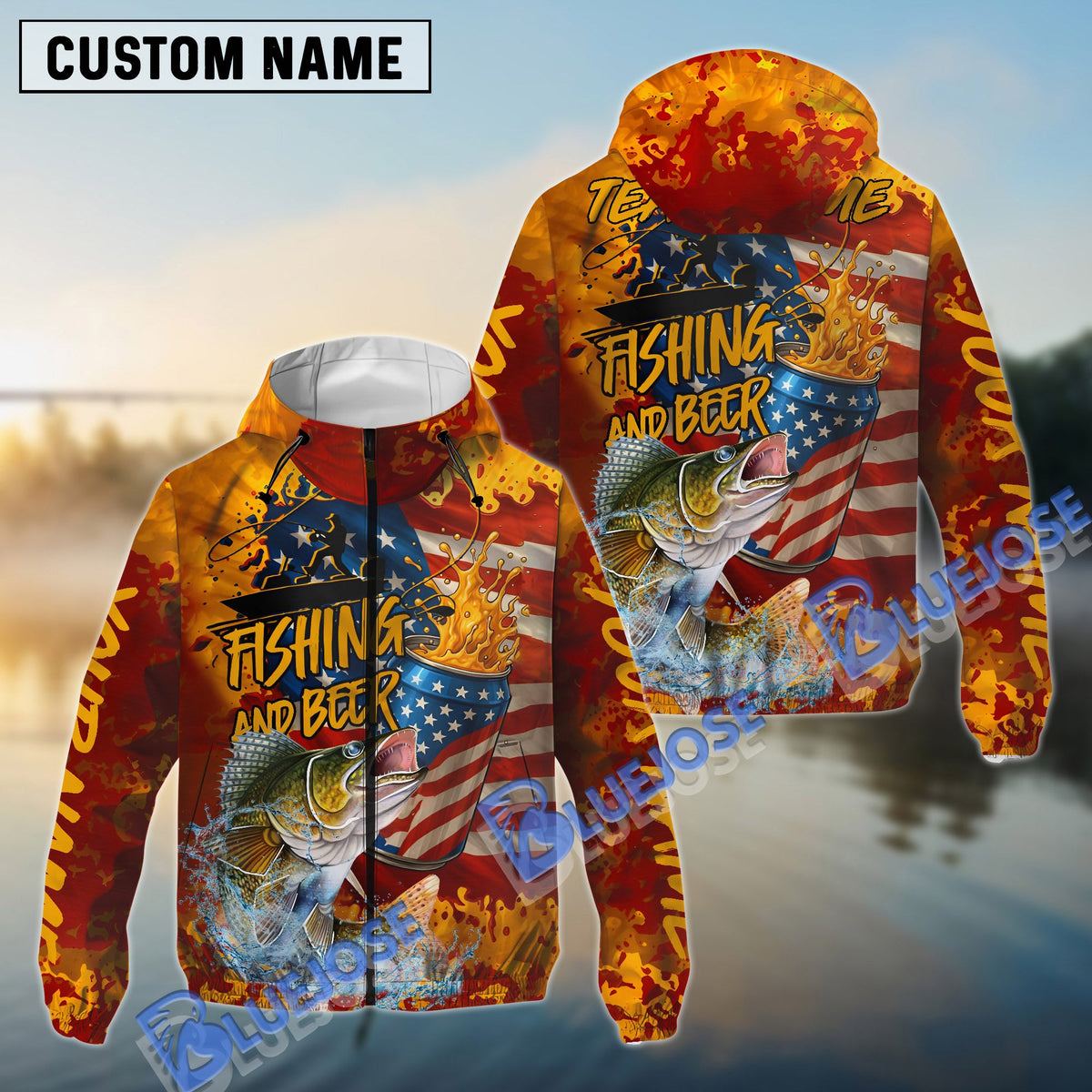 BlueJose Walleye Fishing Beer Bottles & American Flag Design Custom Name & Team Name 3D Shirts