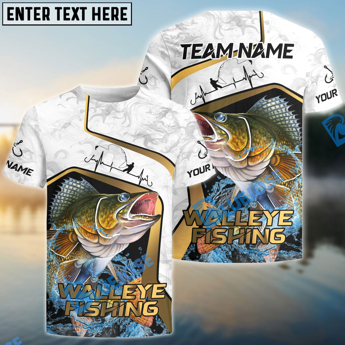 BlueJose Walleye Fishing White Marble & Gold Trim Splash Heartbeat Line Custom Name & Team Name 3D Shirts