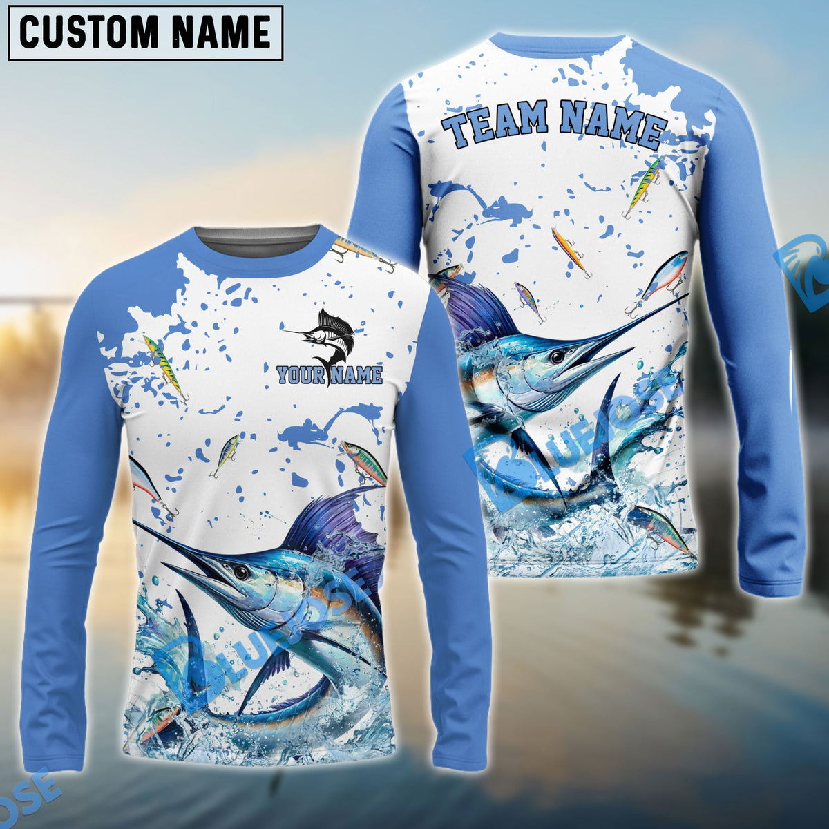 BlueJose Tuna Fishing White Light Blue Custom Name & Team Name 3D Shirts