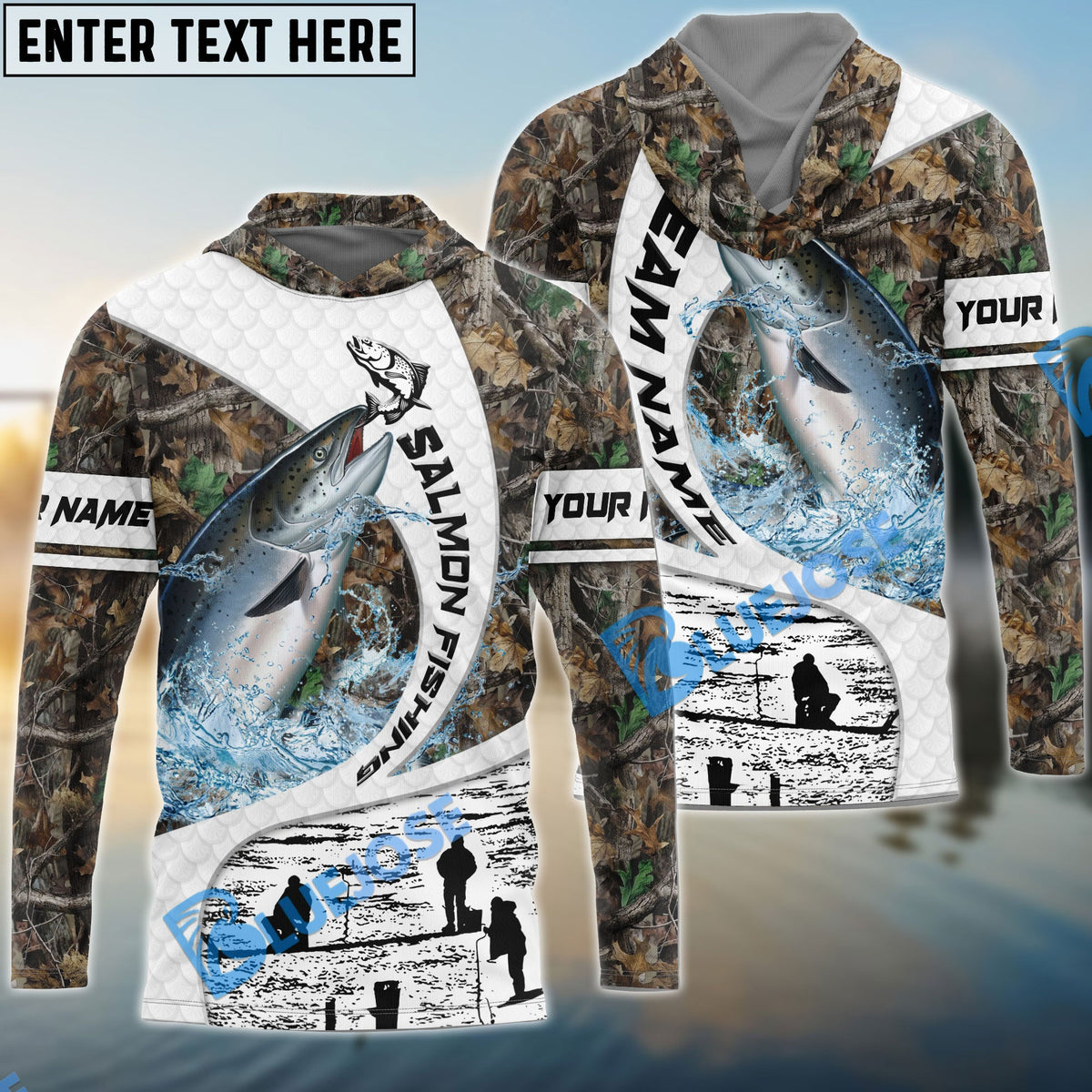 BlueJose Salmon Fishing Camo Forest Scene Custom Name & Team Name 3D Shirts