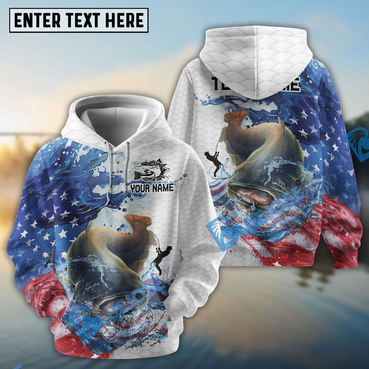 BlueJose Catfish Fishing Patriotic American Flag Wave White Skin Custom Name & Team Name 3D Shirts