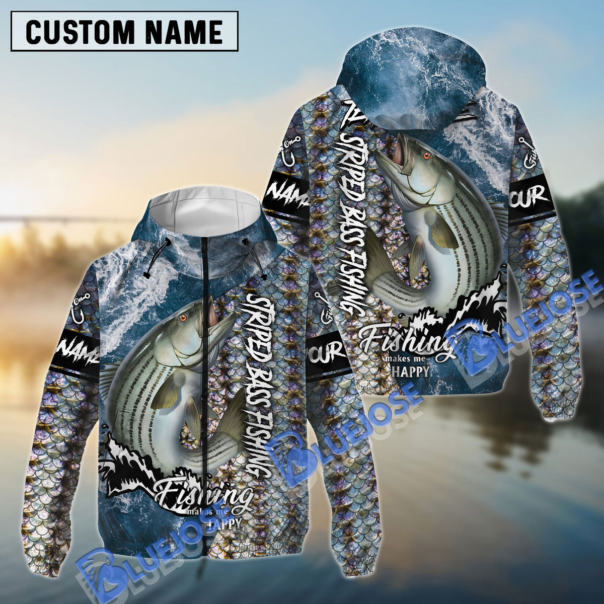BlueJose Striped Bass Fishing Skin Seawave Custom Name & Team Name 3D Shirts
