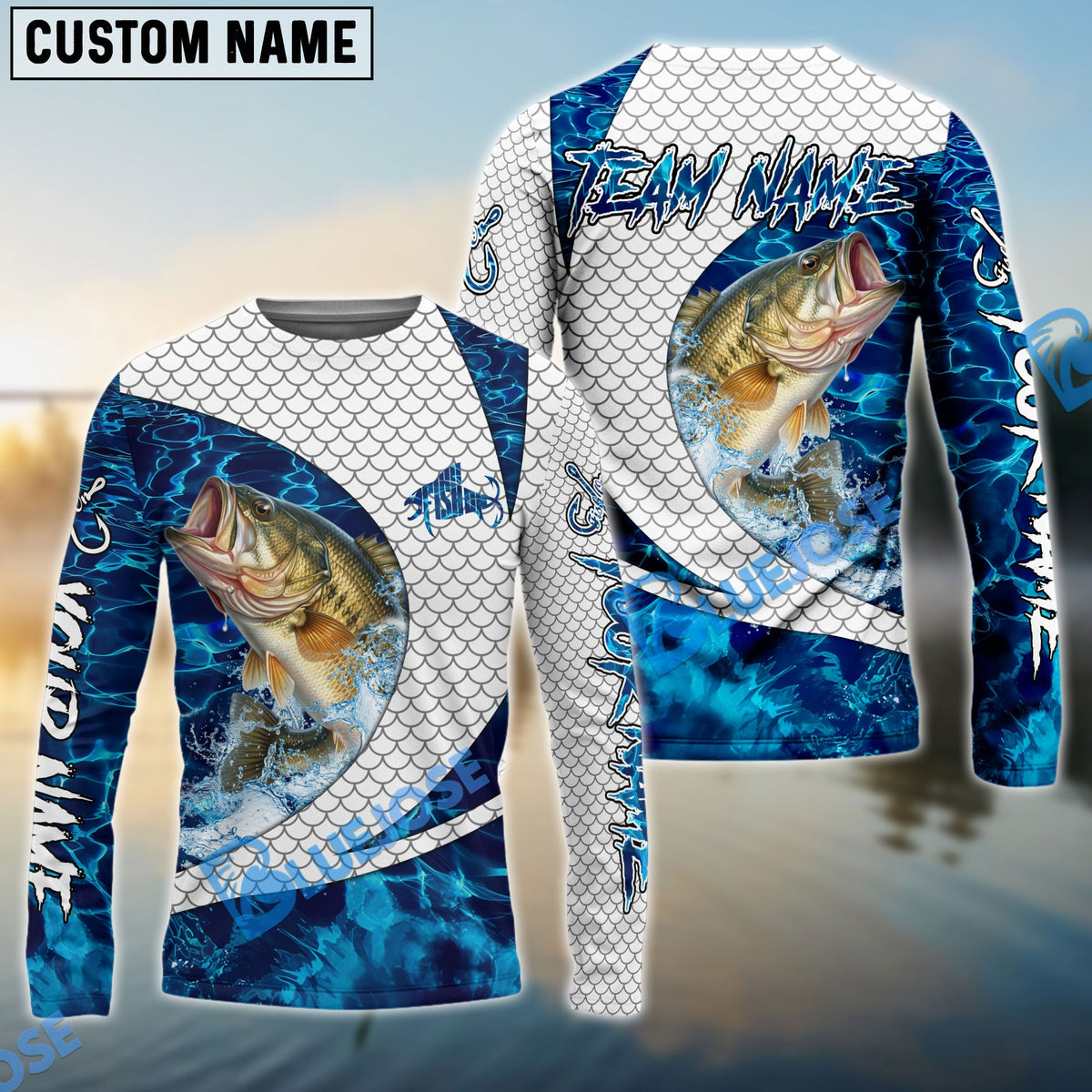 BlueJose Bass Fishing Blue Wave Dynamic Sport Design Custom Name & Team Name 3D Shirts