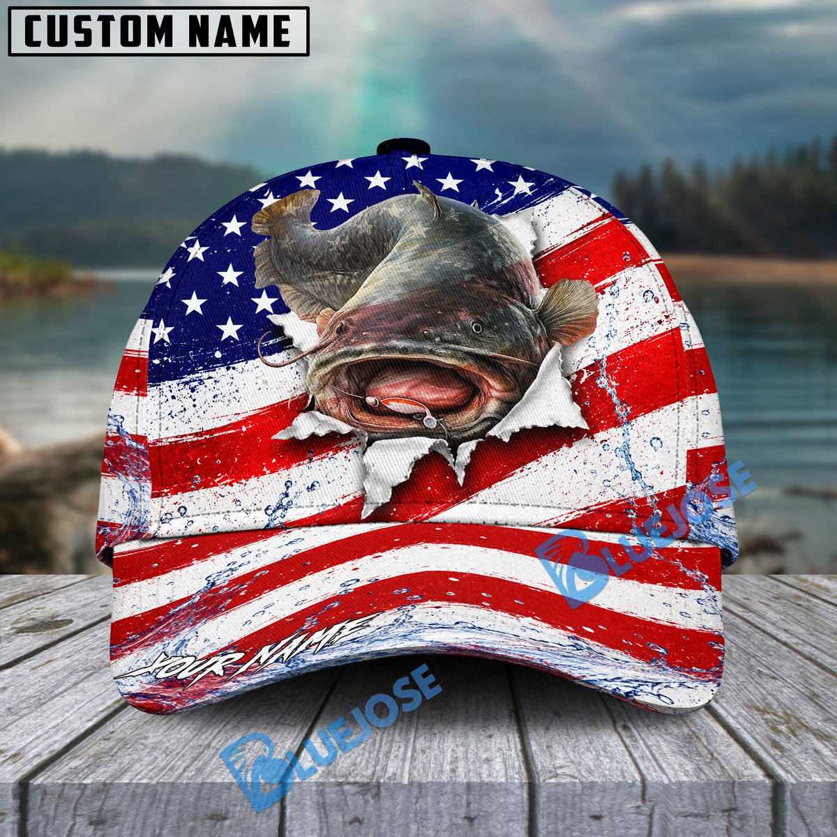 BlueJose Fishing Patriotic Flag Water Splash Personalized Cap (13 Breeds)