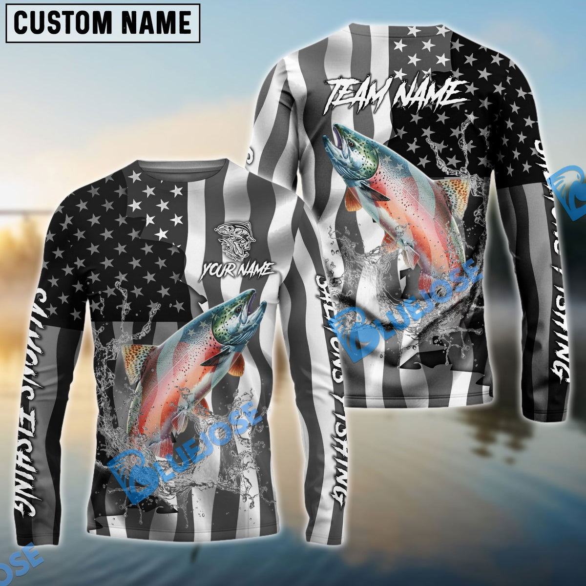 BlueJose Salmon Fishing Black American Flag Sport Custom Name & Team Name 3D Shirts