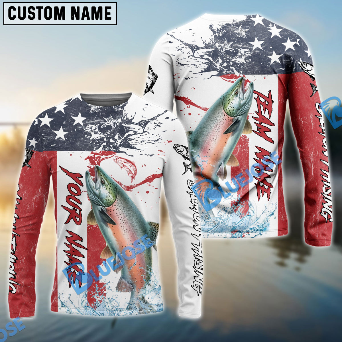 BlueJose Salmon Fishing American Flag Red Blue Seawave Custom Name & Team Name 3D Shirts