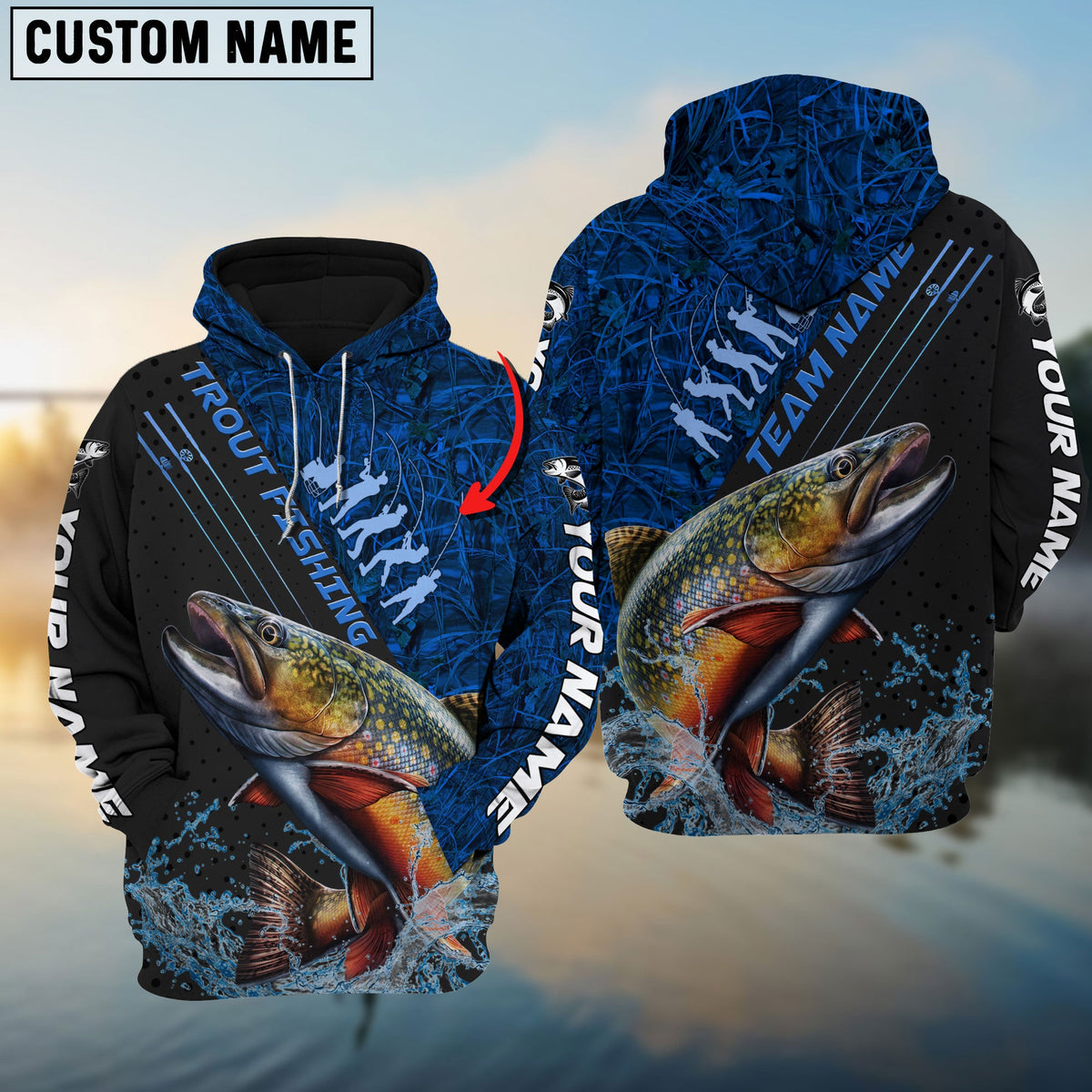 BlueJose Trout Fishing Blue Camo Sport Rod Custom Name & Team Name 3D Shirts