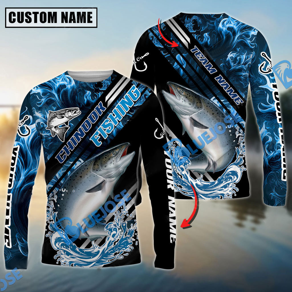 BlueJose Chinook Fishing Blue Smoke Water Pattern Custom Name & Team Name 3D Shirts