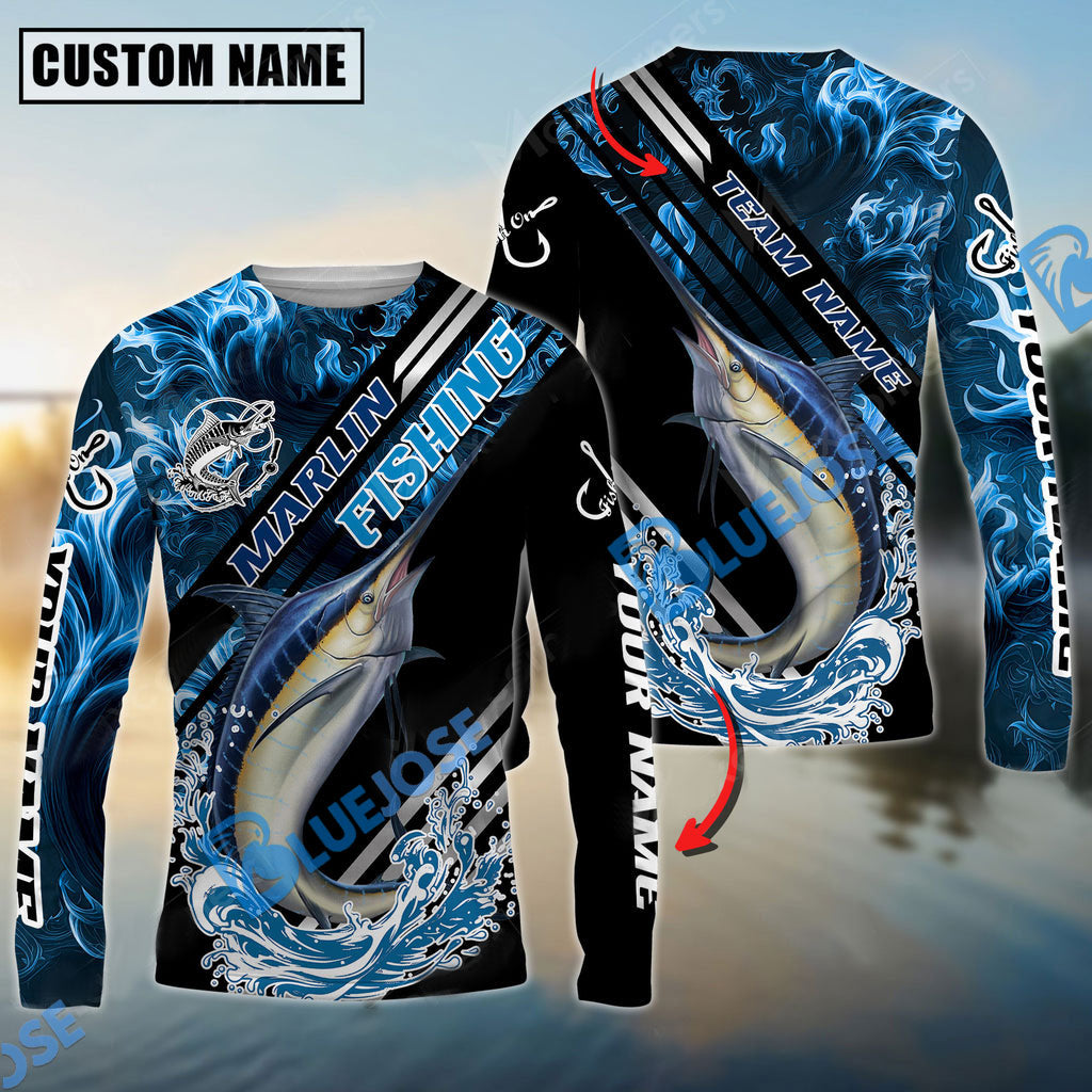 BlueJose Marlin Fishing Blue Smoke Water Pattern Custom Name & Team Name 3D Shirts