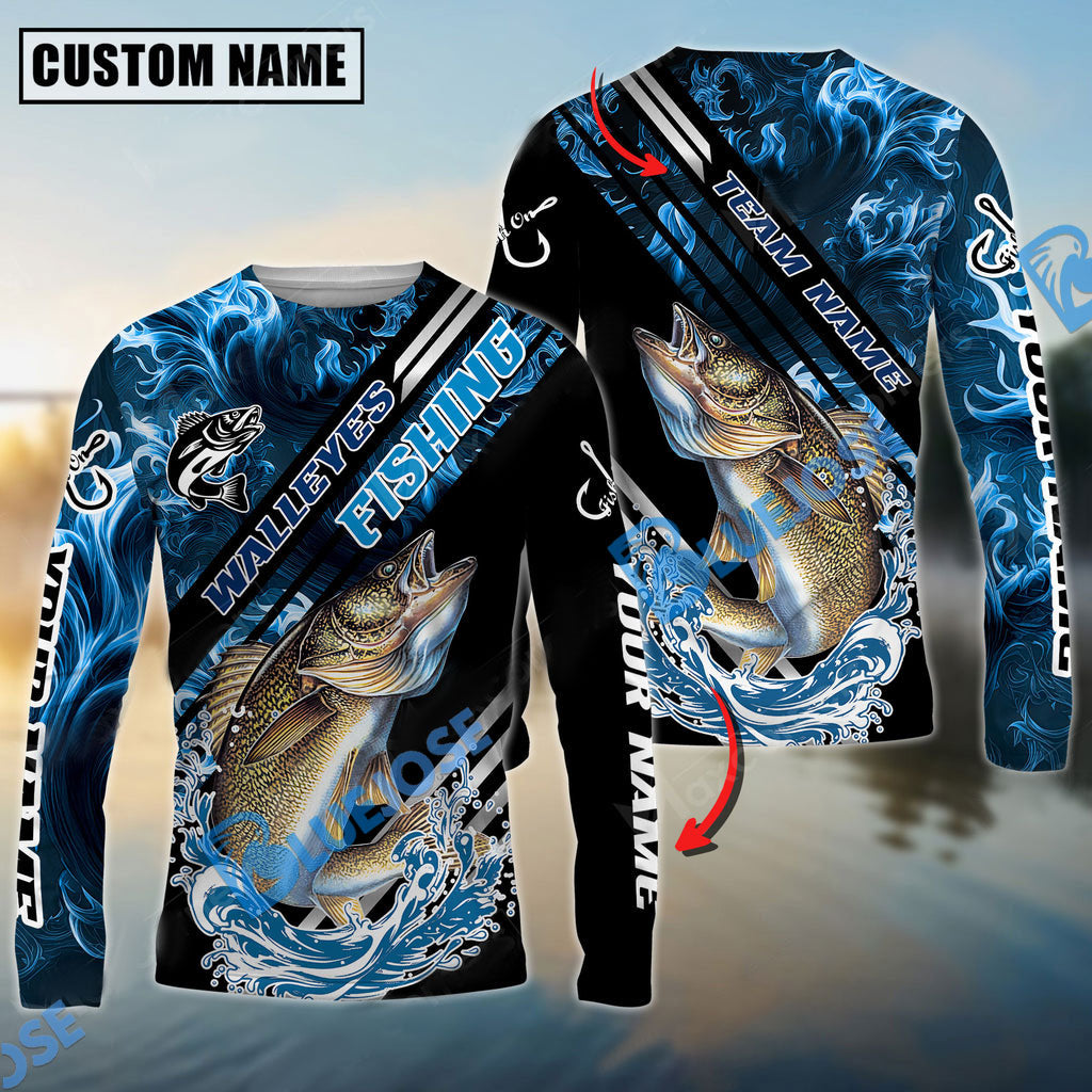 BlueJose Walleyes Fishing Blue Smoke Water Pattern Custom Name & Team Name 3D Shirts