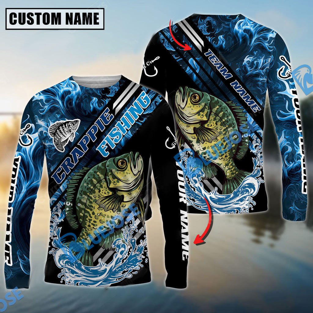 BlueJose Crappie Fishing Blue Smoke Water Pattern Custom Name & Team Name 3D Shirts