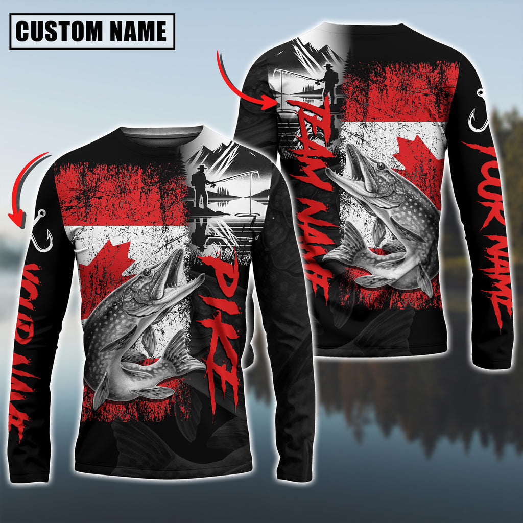 BlueJose Pike Fishing Black Canada Flag Sport Custom Name & Team Name 3D Shirts