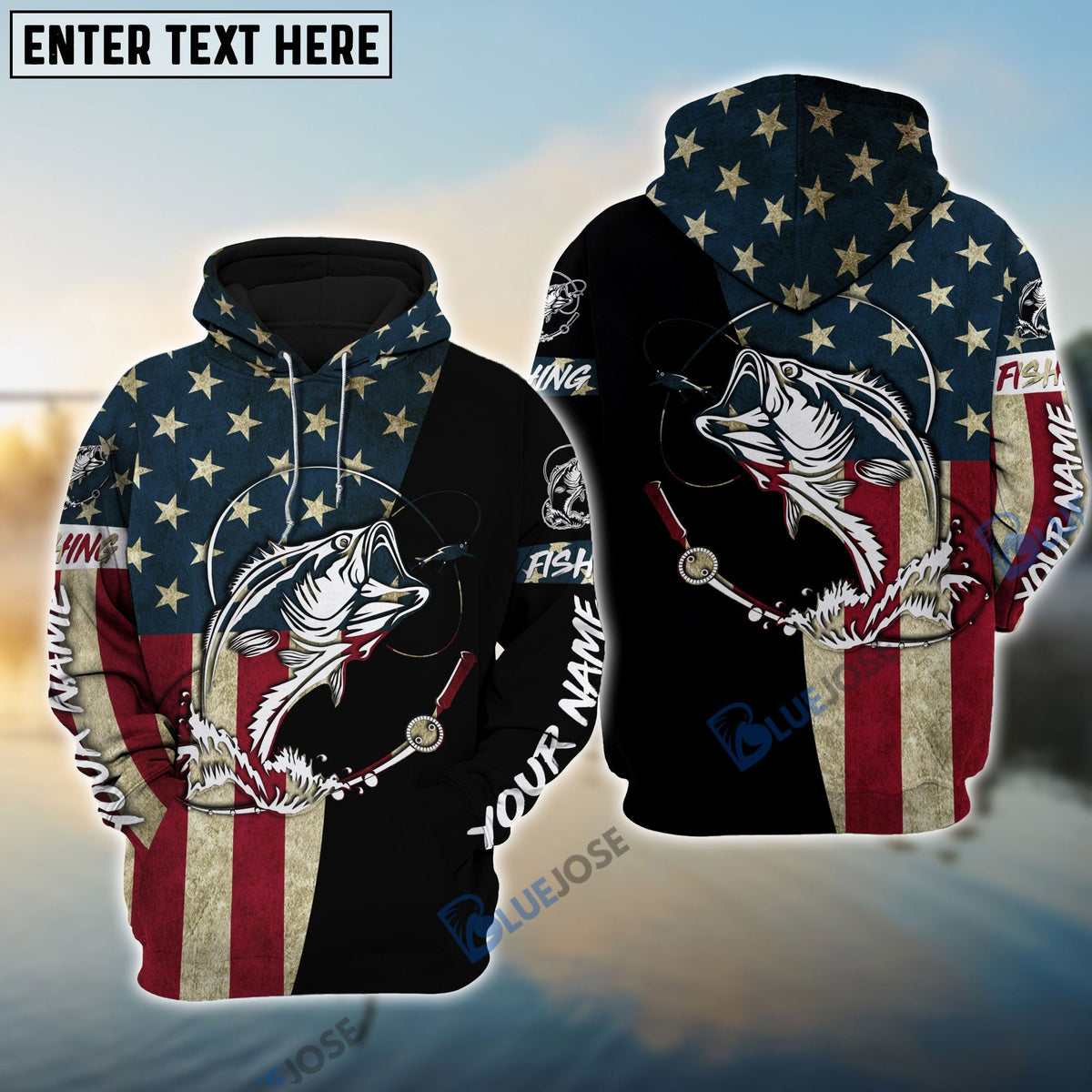 BlueJose Personalized Bass Fishing American Flag Personalized Name 3D Hoodie