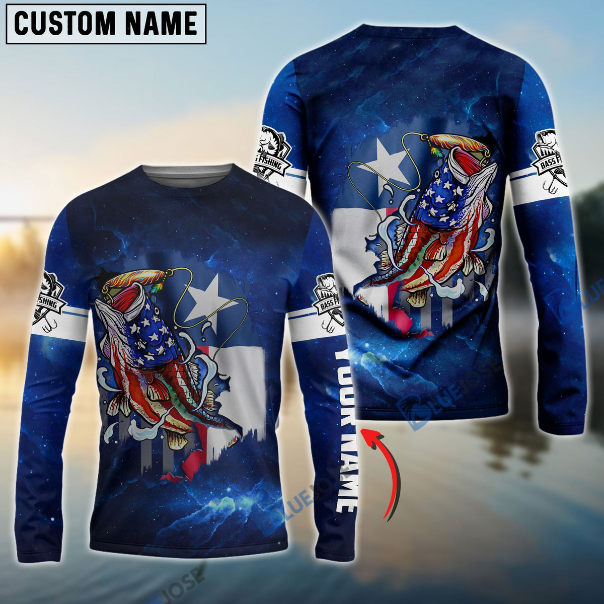 BlueJose Texas Flag Bass Fishing Galaxy Customize Name 3D Shirts