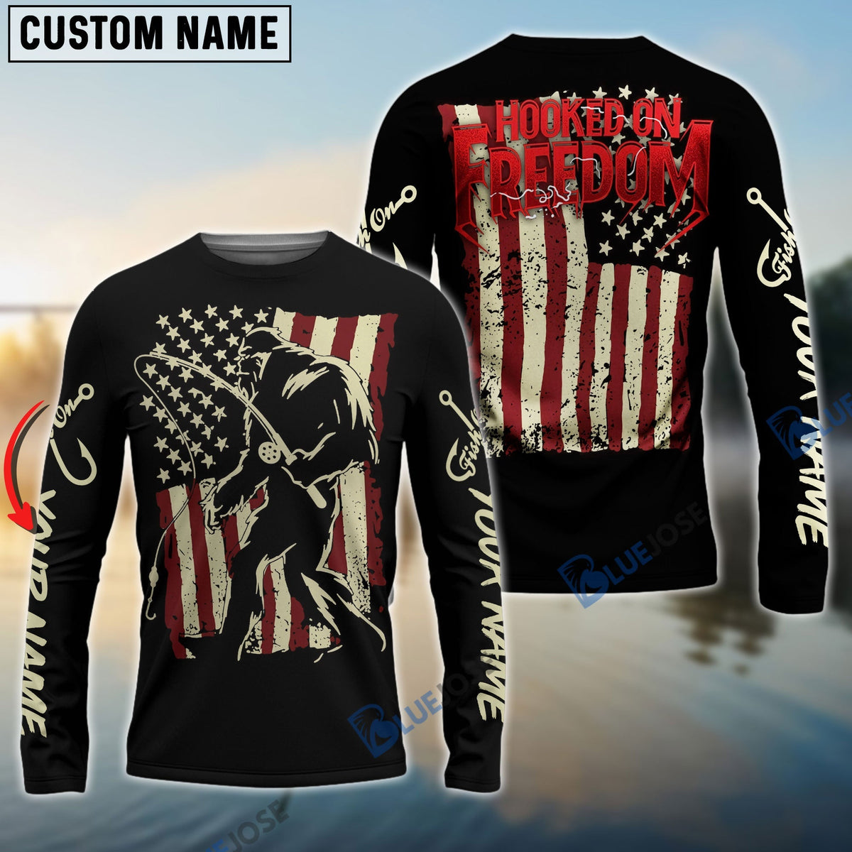 BlueJose Bigfoot Fishing American Flag Custom Long Sleeve Fishing Shirts
