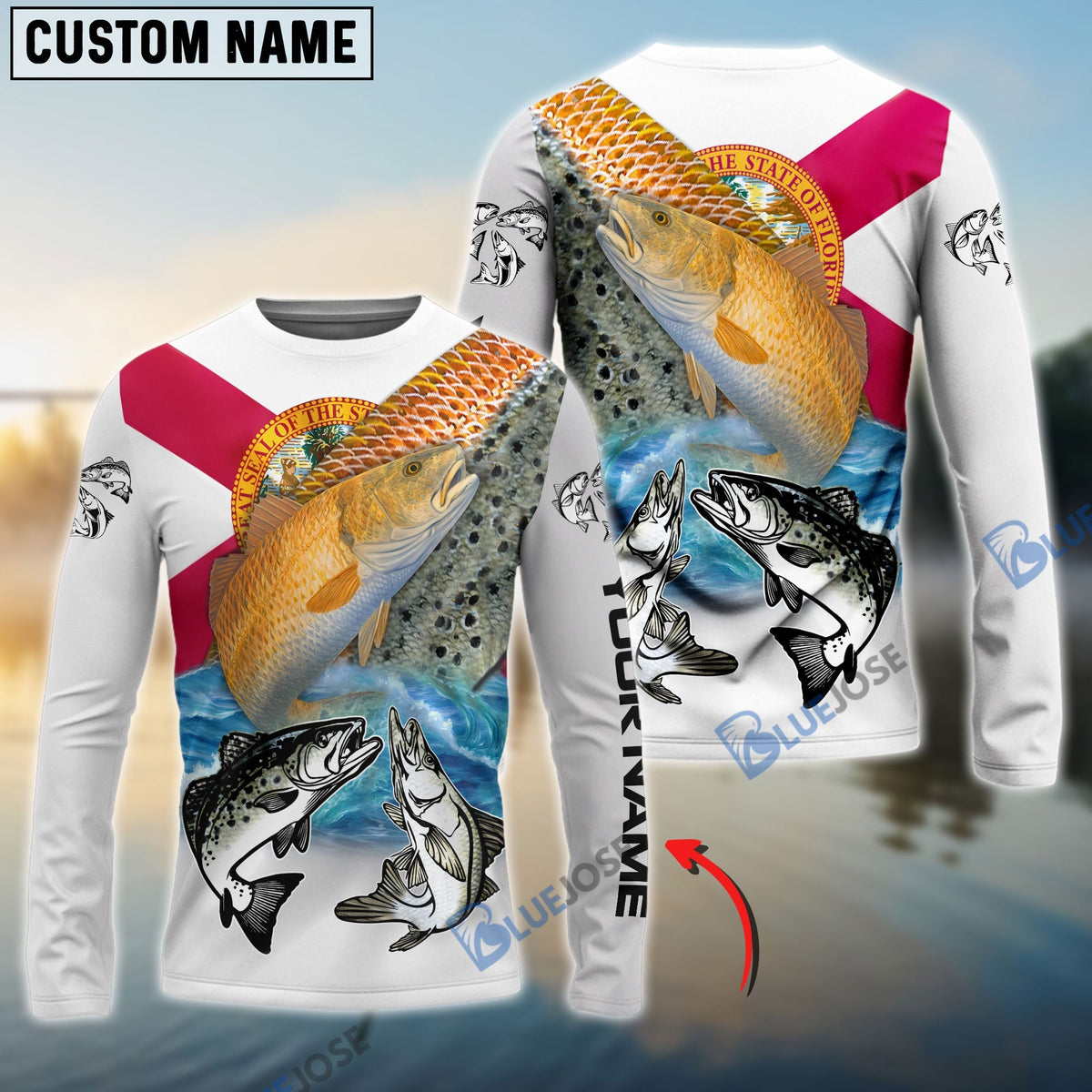 BlueJose Inshore Slam Florida Fishing Redfish, Trout, Snook Patriotic Fishing Jersey   Customize Name  Gift For Fisherman