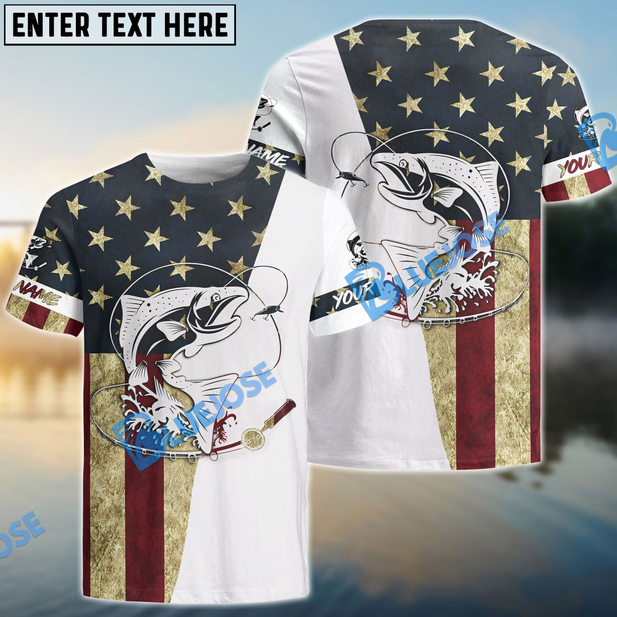 BlueJose Chinook King Salmon American Flag Custom Long Sleeve Fishing Shirts, Patriotic Fishing Gifts