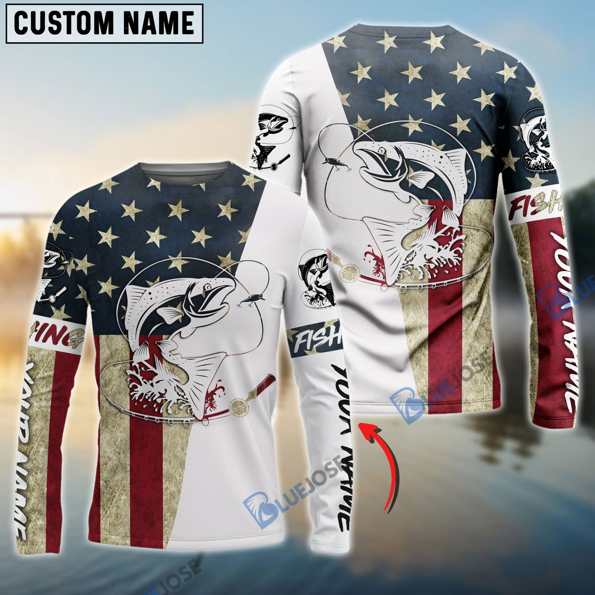 BlueJose Chinook King Salmon American Flag Custom Long Sleeve Fishing Shirts, Patriotic Fishing Gifts