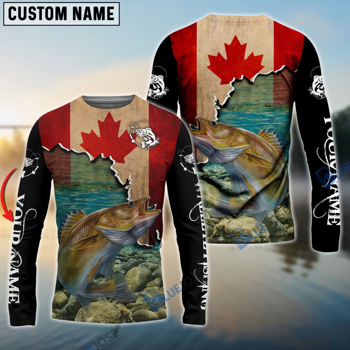 BlueJose Walleye Fishing Canadian Flag Custom Name 3D Shirts