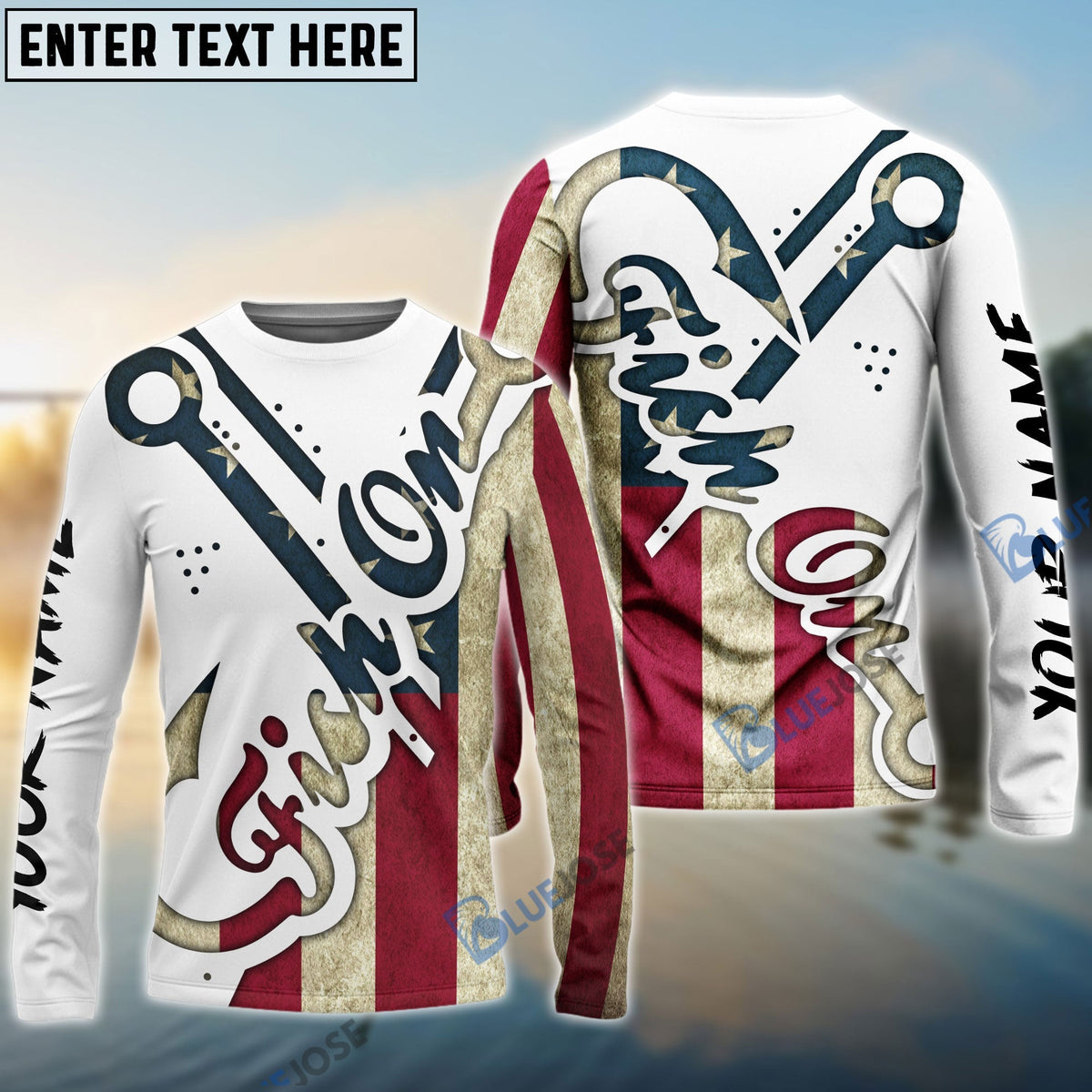 BlueJose American Flag Fish On Patriotic Fishing 3Dfish  Long Sleeve Shirts Custom Name  Quick Dry
