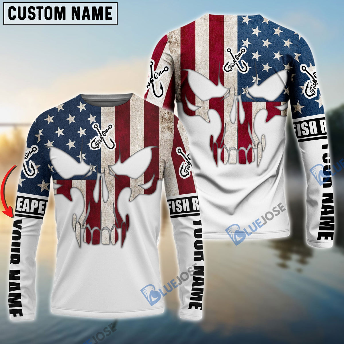 BlueJose American Flag Fishing Skull Fish Reaper Custom Long Sleeve Shirts , Personalized Patriotic Fishing Gifts