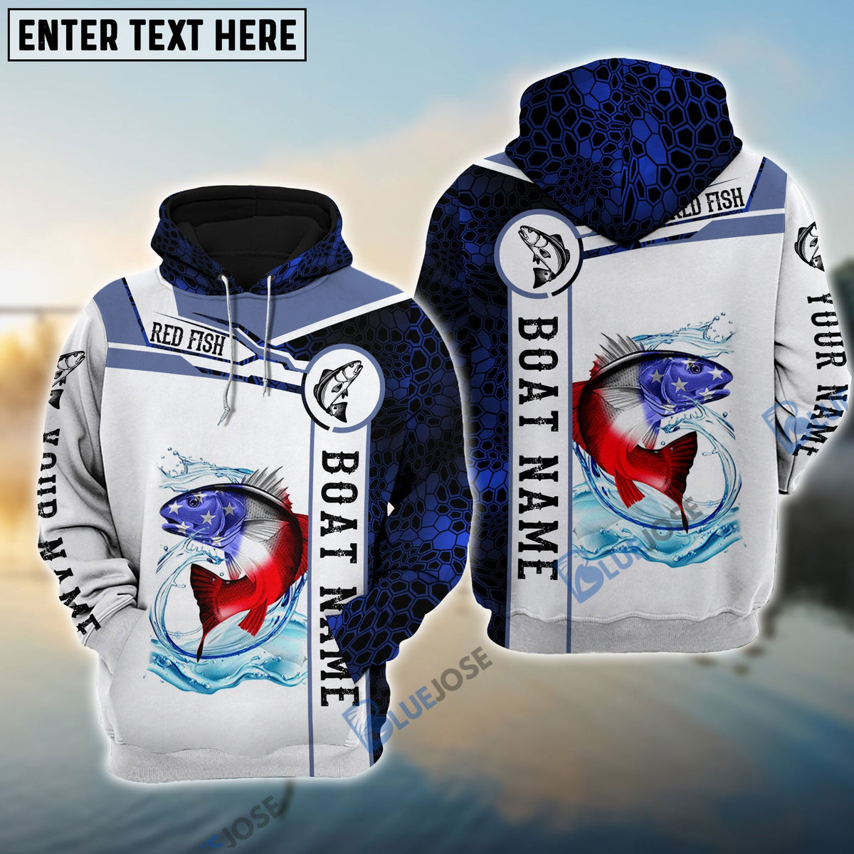 BlueJose Redfish Fishing Blue Camo American Flag Custom Name & Boat Name 3D Hoodie