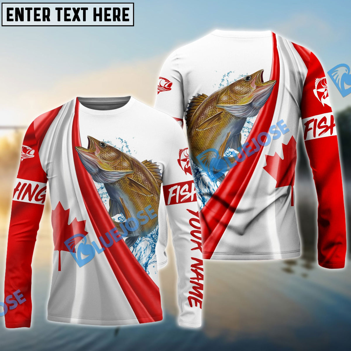 BlueJose Canadian Flag Patriotic Walleye Fishing Custom Name 3D Long Sleeve Fishing Shirts