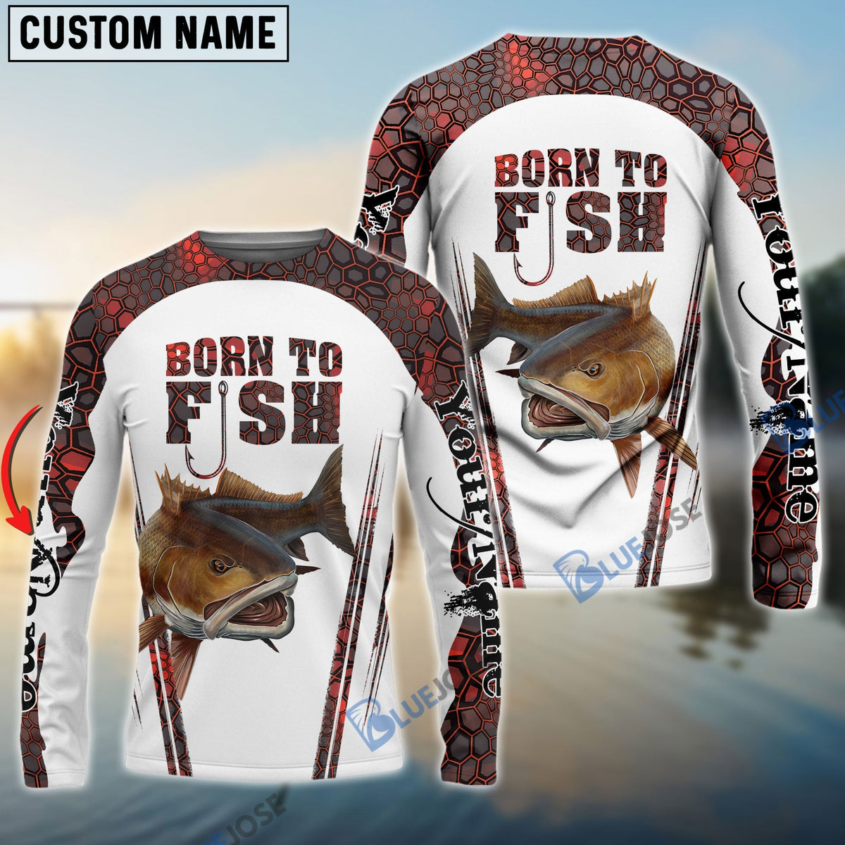 BlueJose "Born To Fish" Redfish Fishing Red Camo Custom Name   Long Sleeve Fishing Shirts