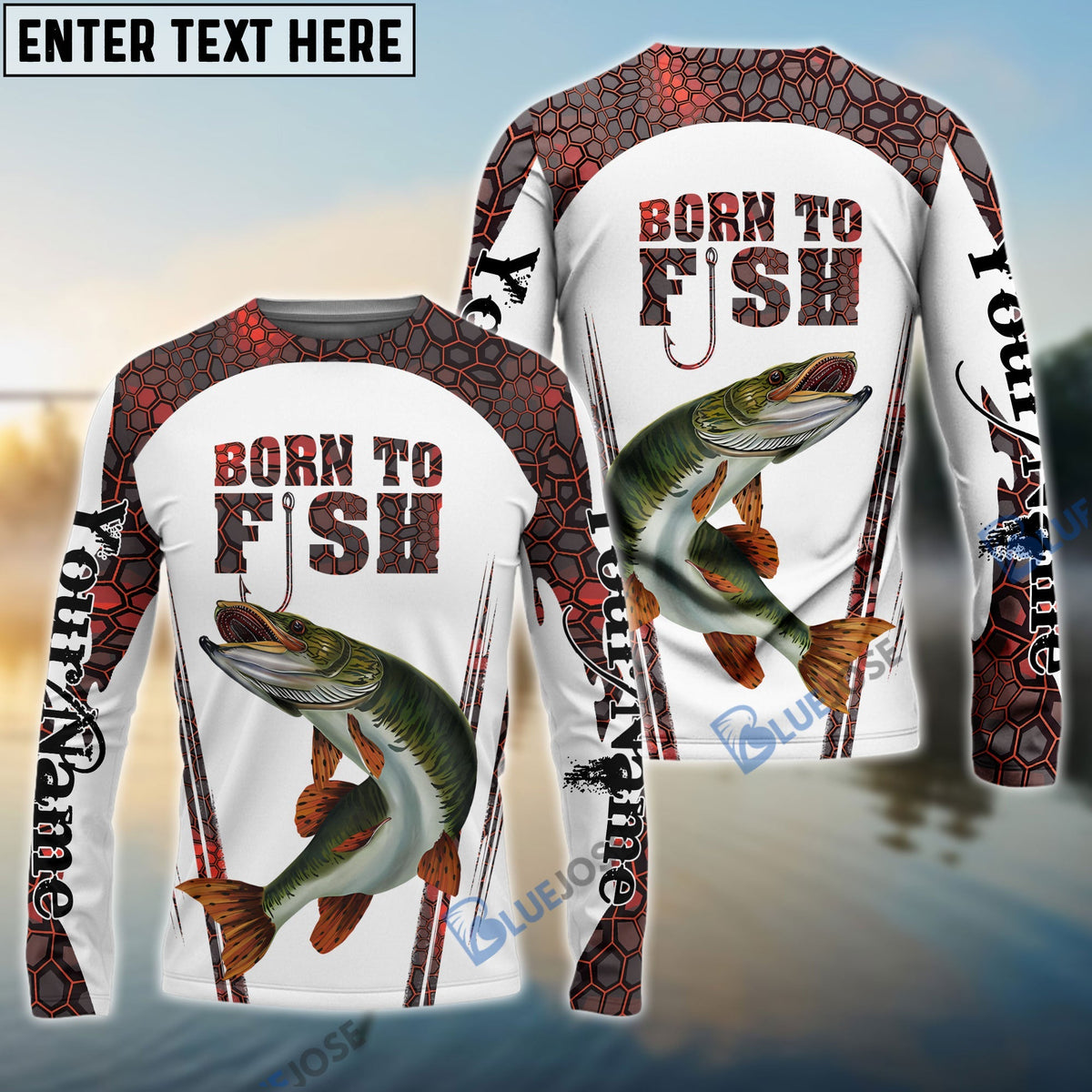BlueJose "Born To Fish" Musky Fishing Red Camo Custom Name   Long Sleeve Fishing Shirts