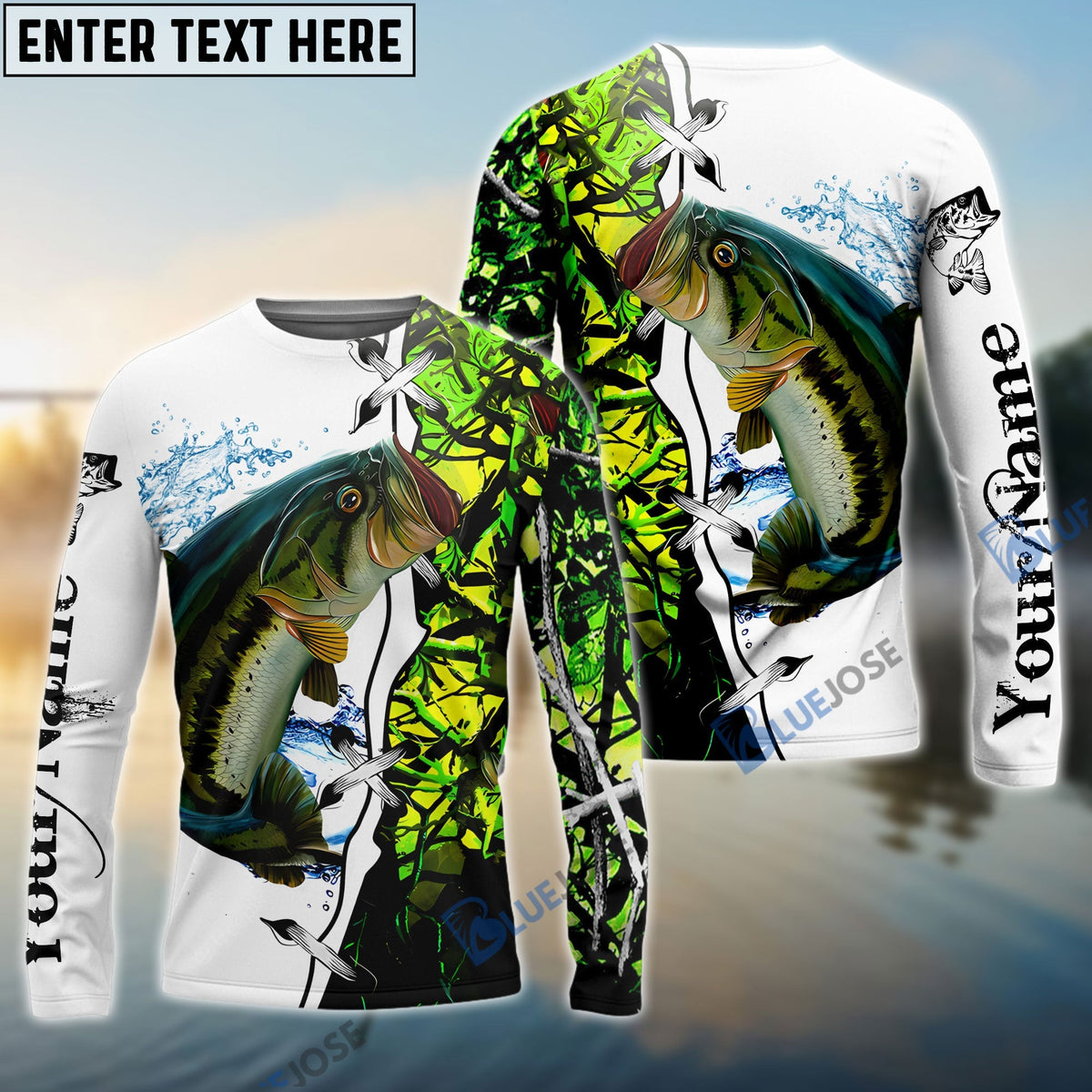 BlueJose Largemouth Bass Fishing Green Camouflage Custom Name Performance Long Sleeve Fishing Shirts