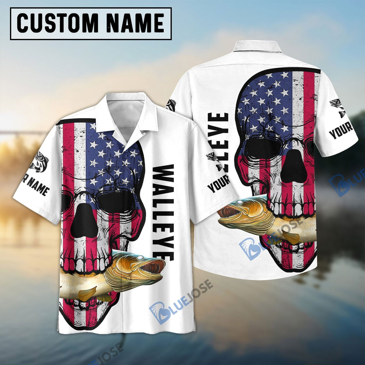 BlueJose Walleye Fishing American Flag Fish Reaper Custom Name 3D Shirt