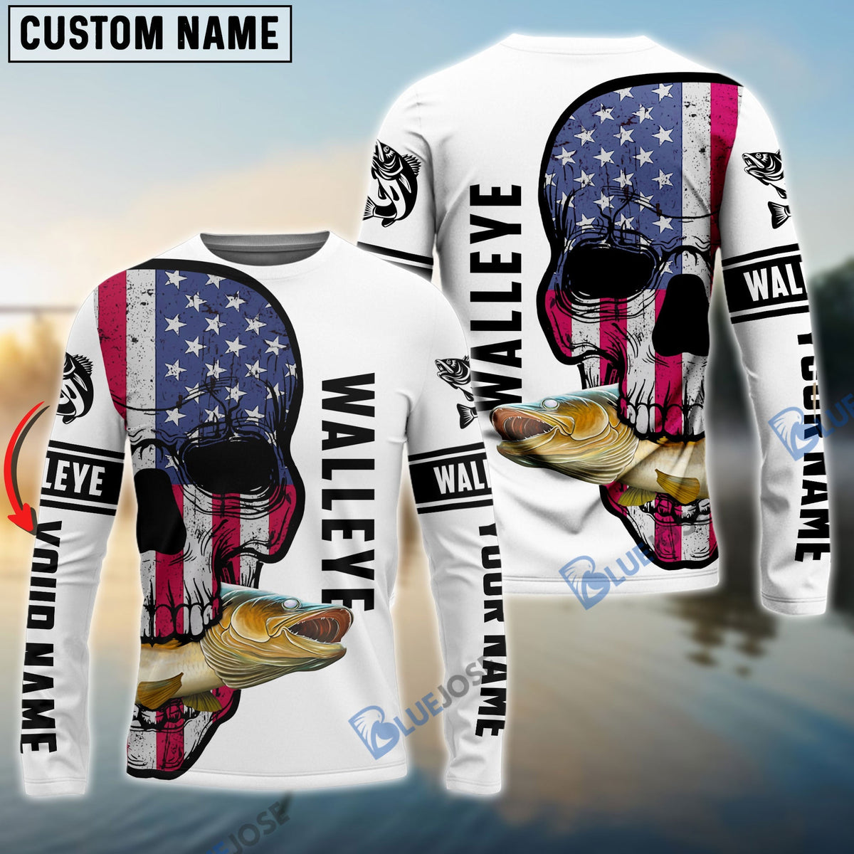 BlueJose Walleye Fishing American Flag Fish Reaper Custom Name 3D Shirts