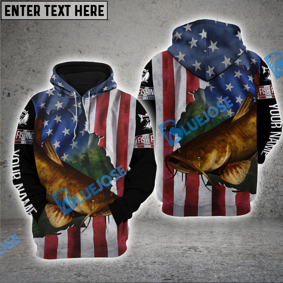 BlueJose Flathead Catfish Fishing American Flag Patriotic Personalized Catfish Long Sleeve Fishing Shirts