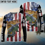 BlueJose Walleye Fishing American Flag Patriotic Fourth Of July Personalized Walleye Long Sleeve Fishing Shirts