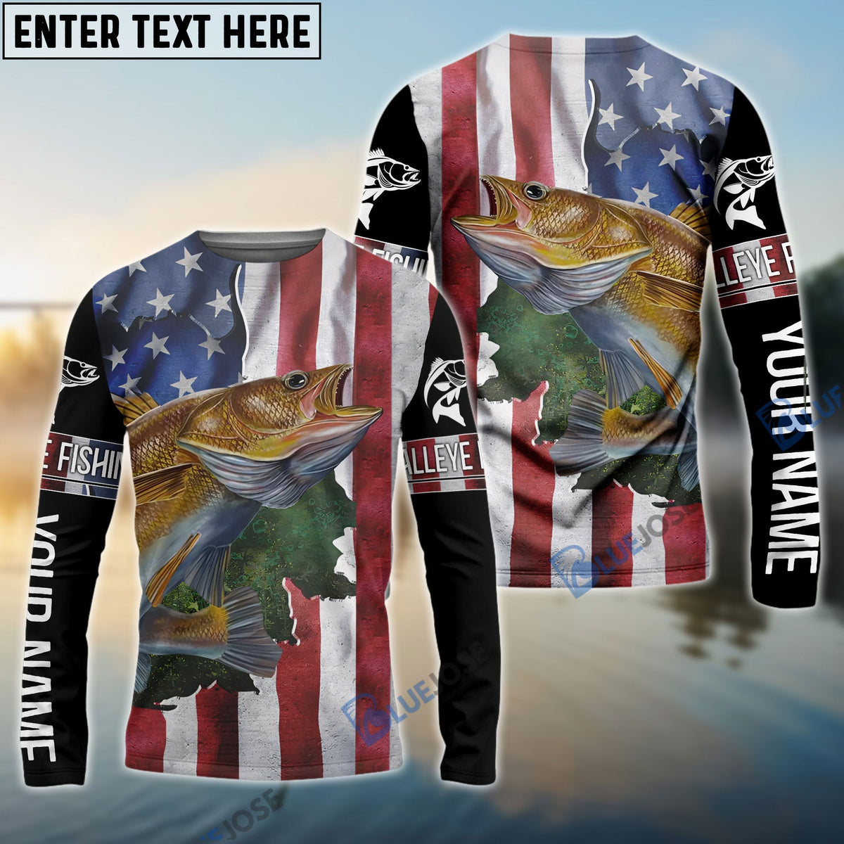 BlueJose Walleye Fishing American Flag Patriotic Fourth Of July Personalized Walleye Long Sleeve Fishing Shirts