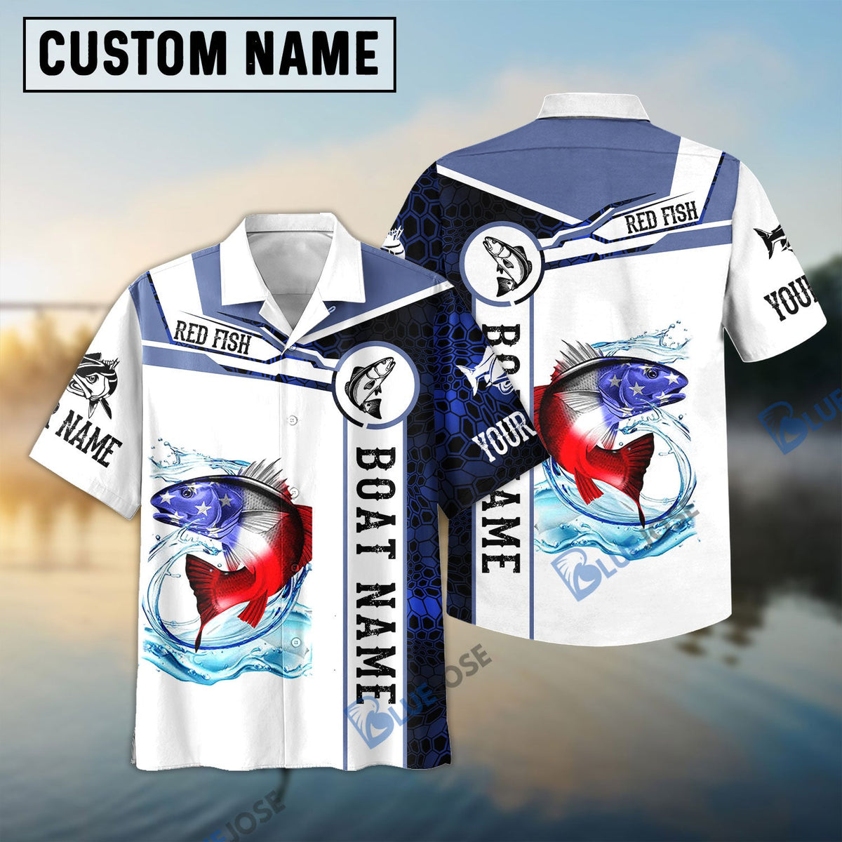 BlueJose Redfish Fishing Blue Camo American Flag Custom Name & Boat Name 3D Shirts