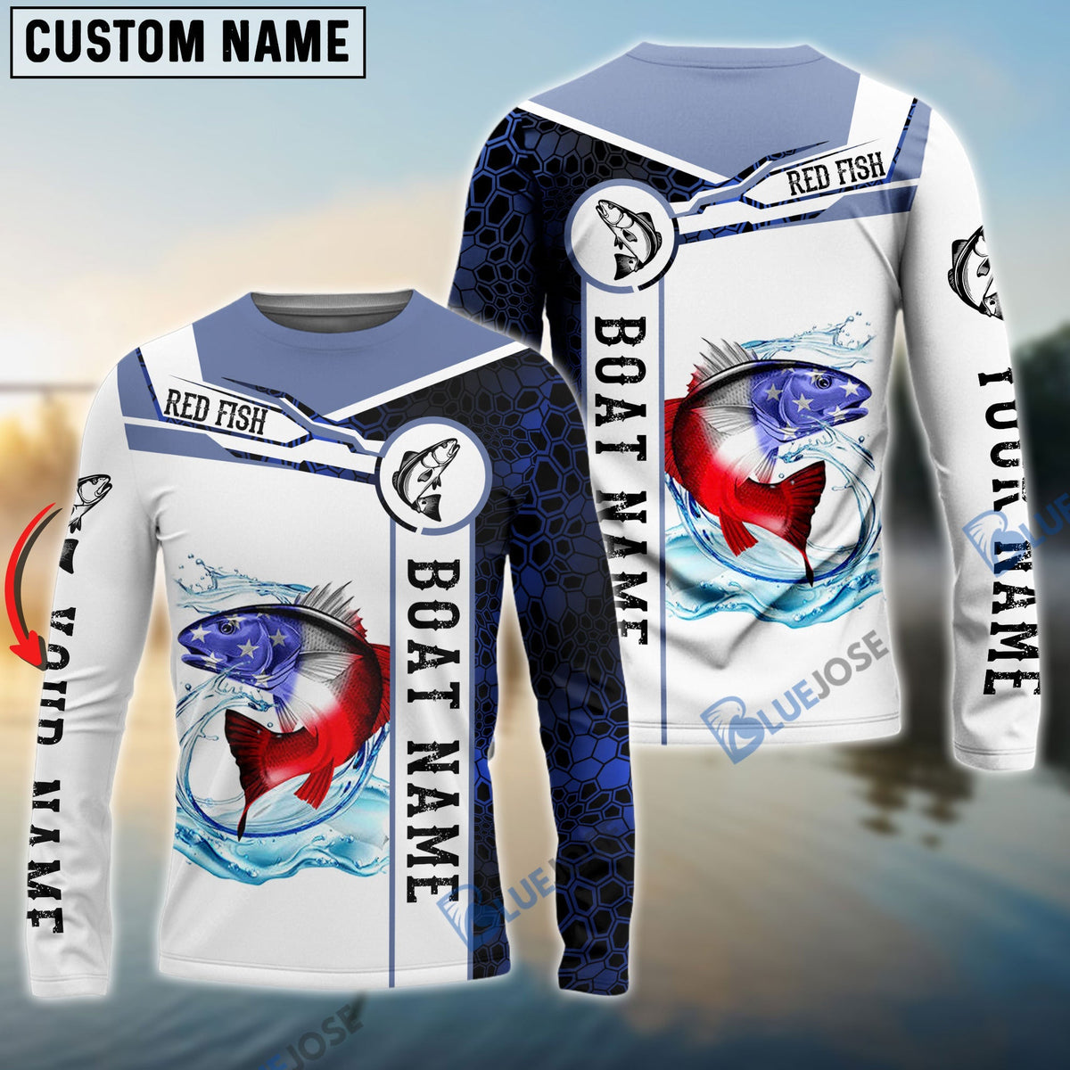 BlueJose Redfish Fishing Blue Camo American Flag Custom Name & Boat Name 3D Shirts