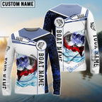 BlueJose Bass Fishing Blue Camo American Flag Custom Name & Boat Name 3D Shirts