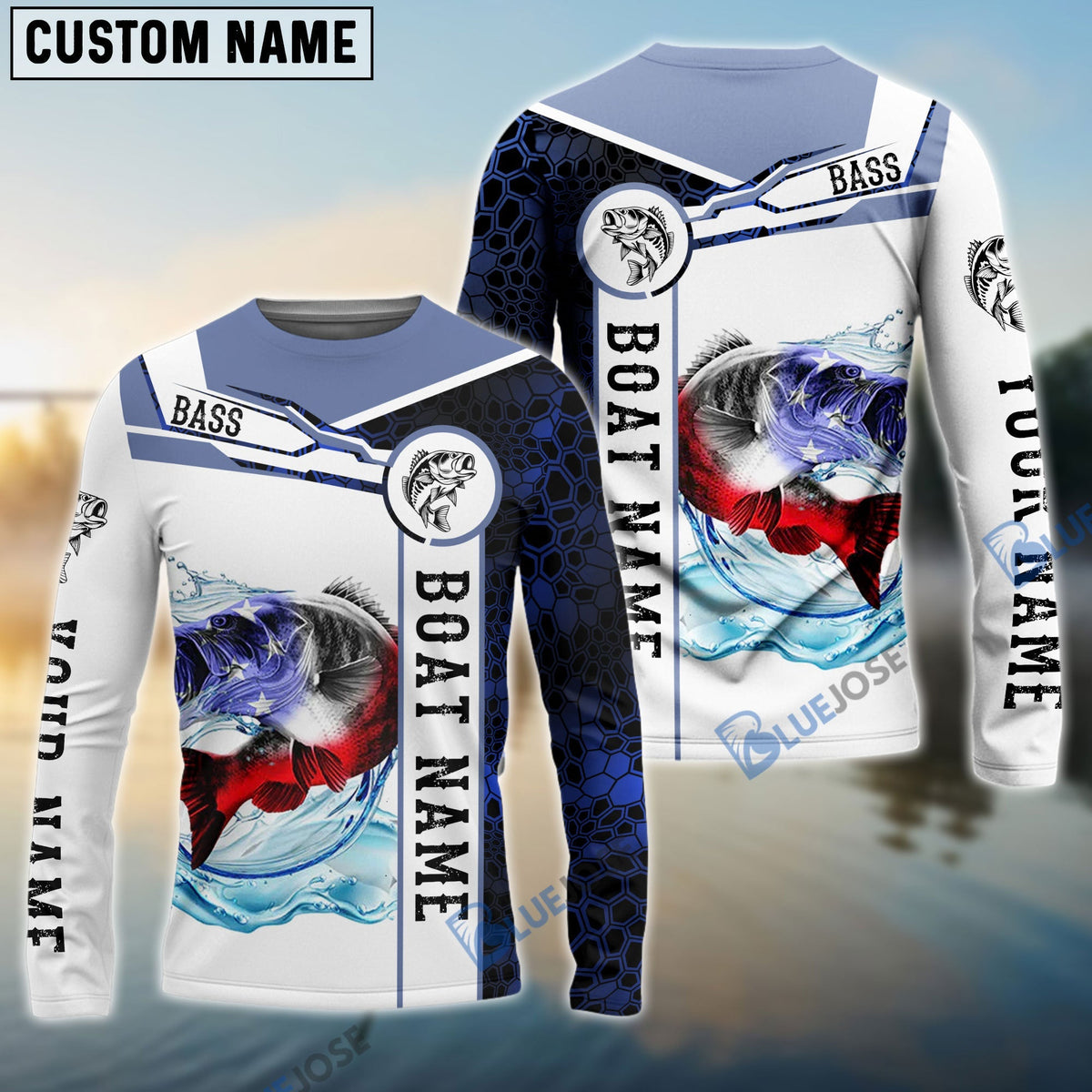 BlueJose Bass Fishing Blue Camo American Flag Custom Name & Boat Name 3D Shirts