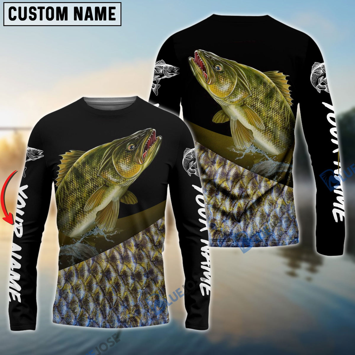 BlueJose Custom Walleye Fishing Jerseys, Personalized Walleye Fishing Scales Fishing Long Sleeve Shirts